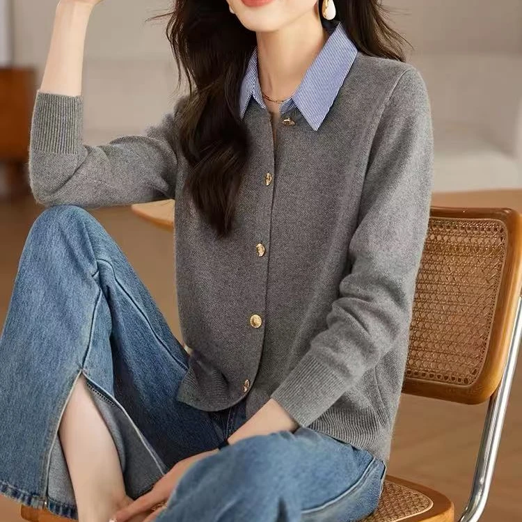 假两件衬衫领针织开衫女2025春季新款高级感短款早春外搭毛衣B125