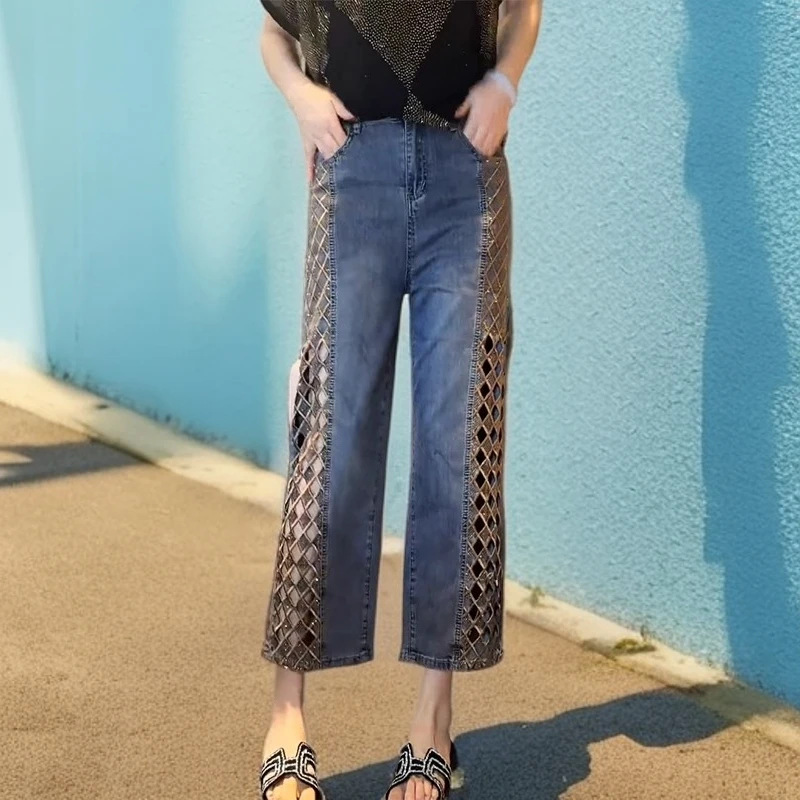 小个子重工烫钻镂空牛仔裤女2025秋季新款直筒裤百搭老钱风女装
