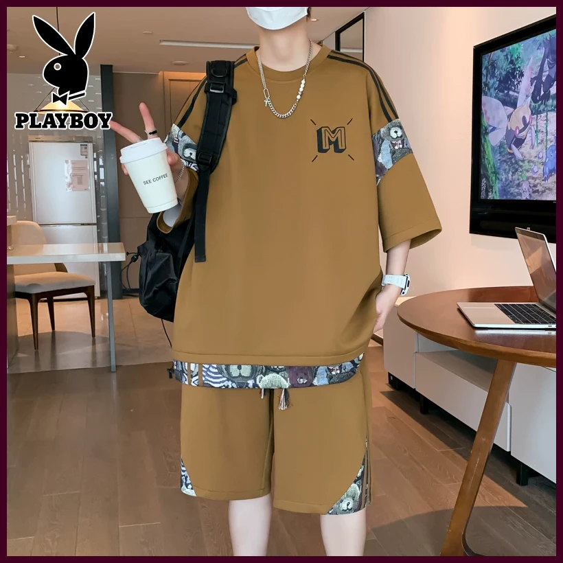 花花公子夏季短袖短裤套装男宽松潮流帅气新款两休闲宽松夏季男士