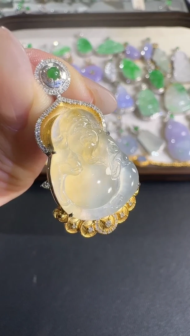 吊坠(不含链)18K金镶嵌翡翠【源头工厂】钻石镶嵌