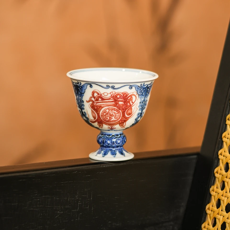 勤义堂 青花釉里红如愿杯 酒杯50ml