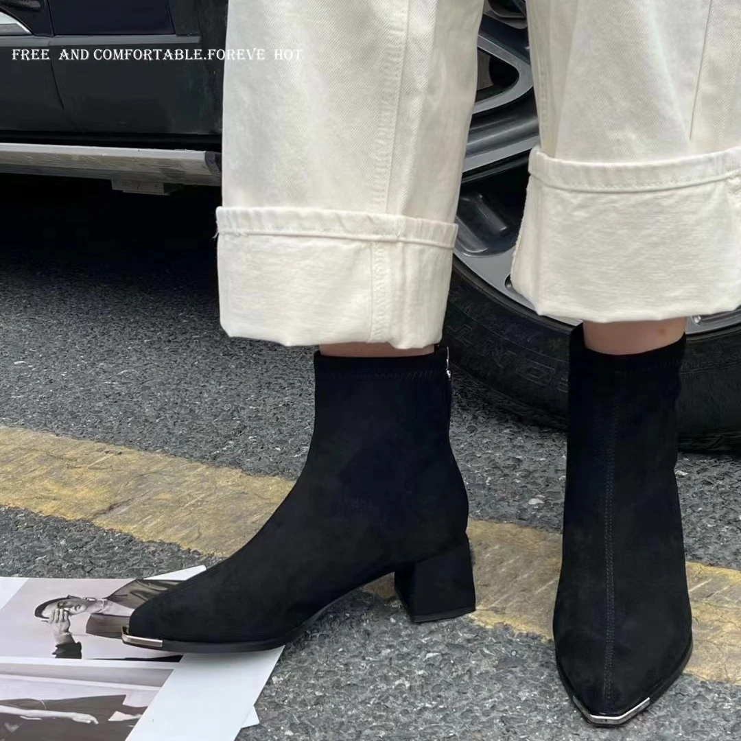 秋冬新款韩版通勤瘦瘦简约粗跟裸靴短靴A311-15(薄绒)