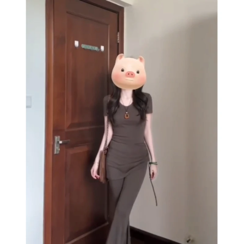 夏季美式复古气质短款收腰V领无袖T恤女轻熟气质微喇裤御姐两件套