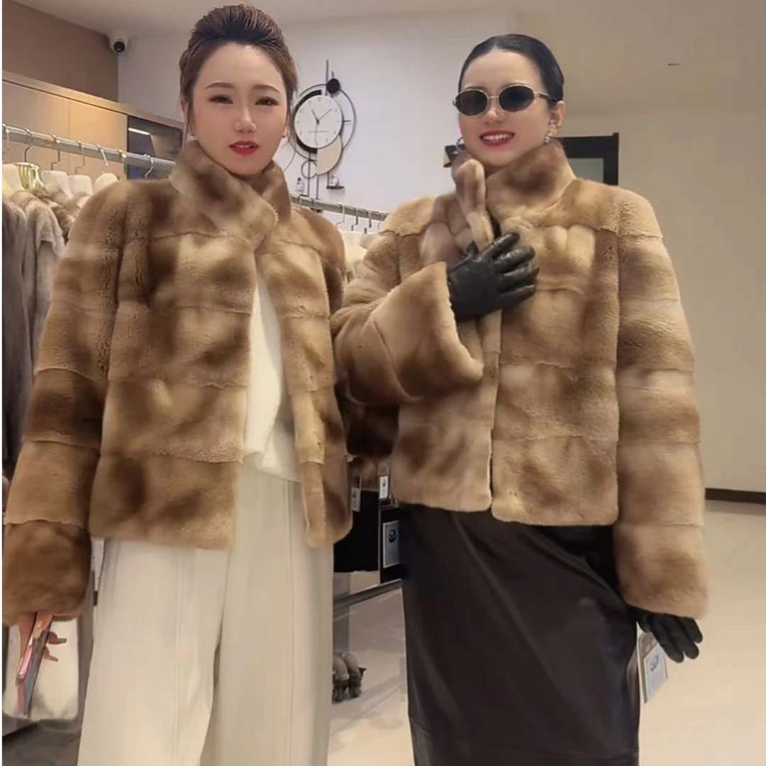 [黑翼.横排大理石]秋冬新款女装天然水貂外套蝙蝠袖短款