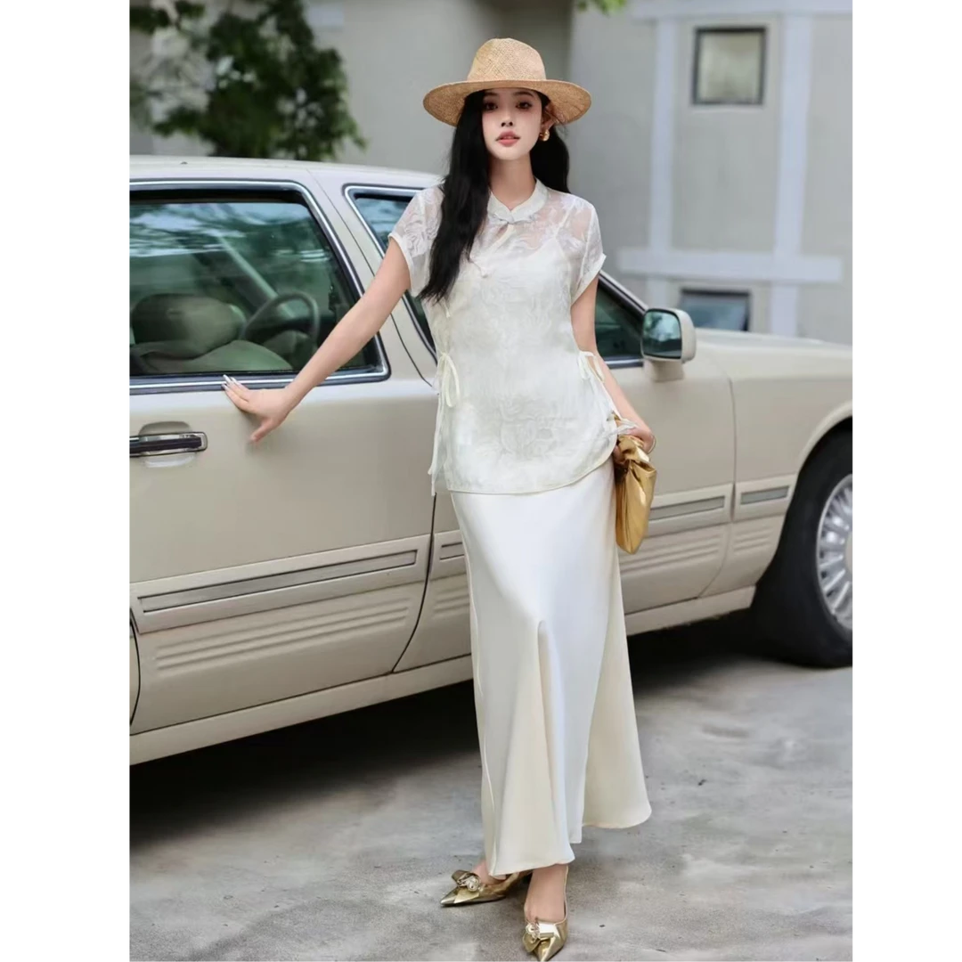 连衣裙新中式小立领时尚两件套装短袖气质复古民族风显瘦蕾丝