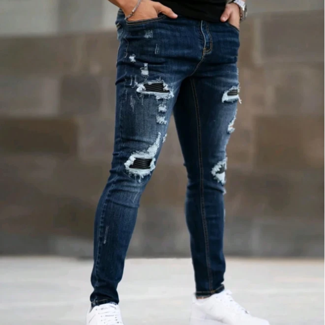 破洞补丁多口袋手工磨破男012款牛仔裤蓝色裤子复古小脚裤