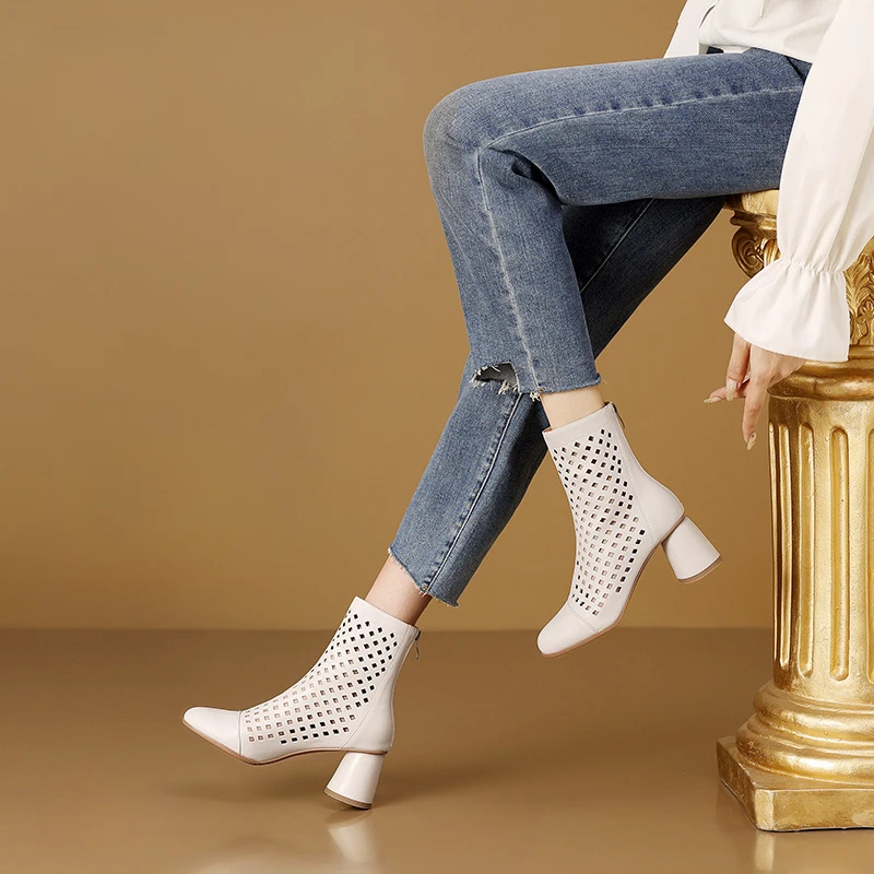 5cm夏季镂空短靴洋气粗跟真皮凉靴女中跟百搭舒适靴子透气网靴