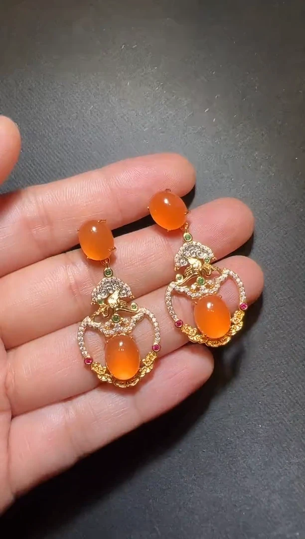 银S925镶嵌南红玛瑙耳饰美***～南红花窗耳钉