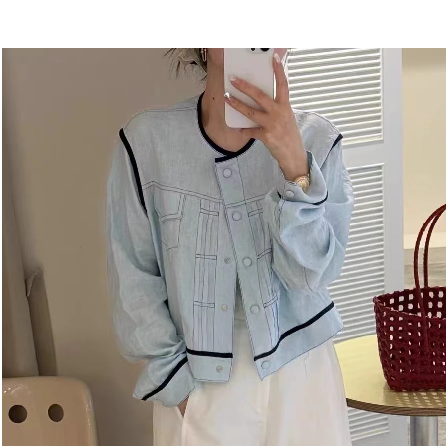 撞色线条薄款防晒衣外套女短2025新款明线单排扣洋气长袖上衣116