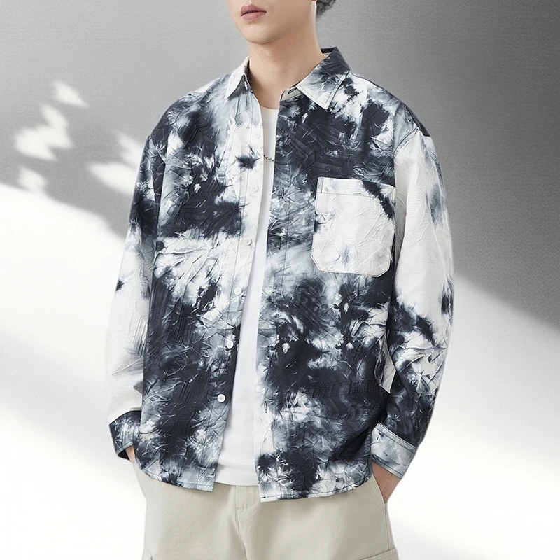 轻奢高档日系休闲衬衫男2025秋季新款扎染印花百搭长袖衬衣外套