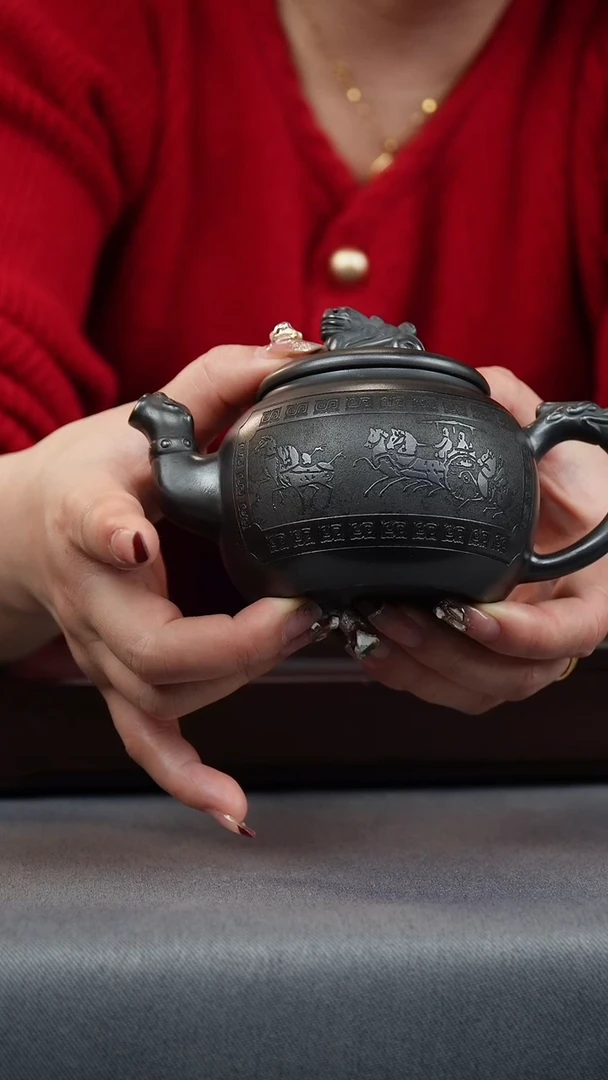 【闪购商品】紫砂茶壶石黄 龙尊壶 刻车马