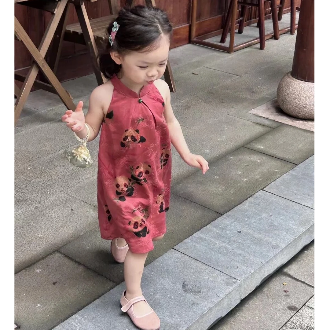 现货）中国风童装2025夏季女童复古新中式连衣裙熊猫印花旗袍裙