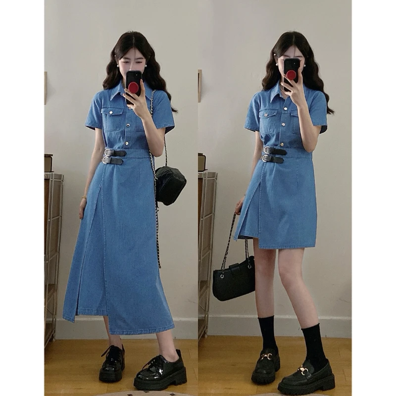 大码【牛仔旅人】港味简约复古风一片式收腰显瘦连衣裙胖MM气质裙子