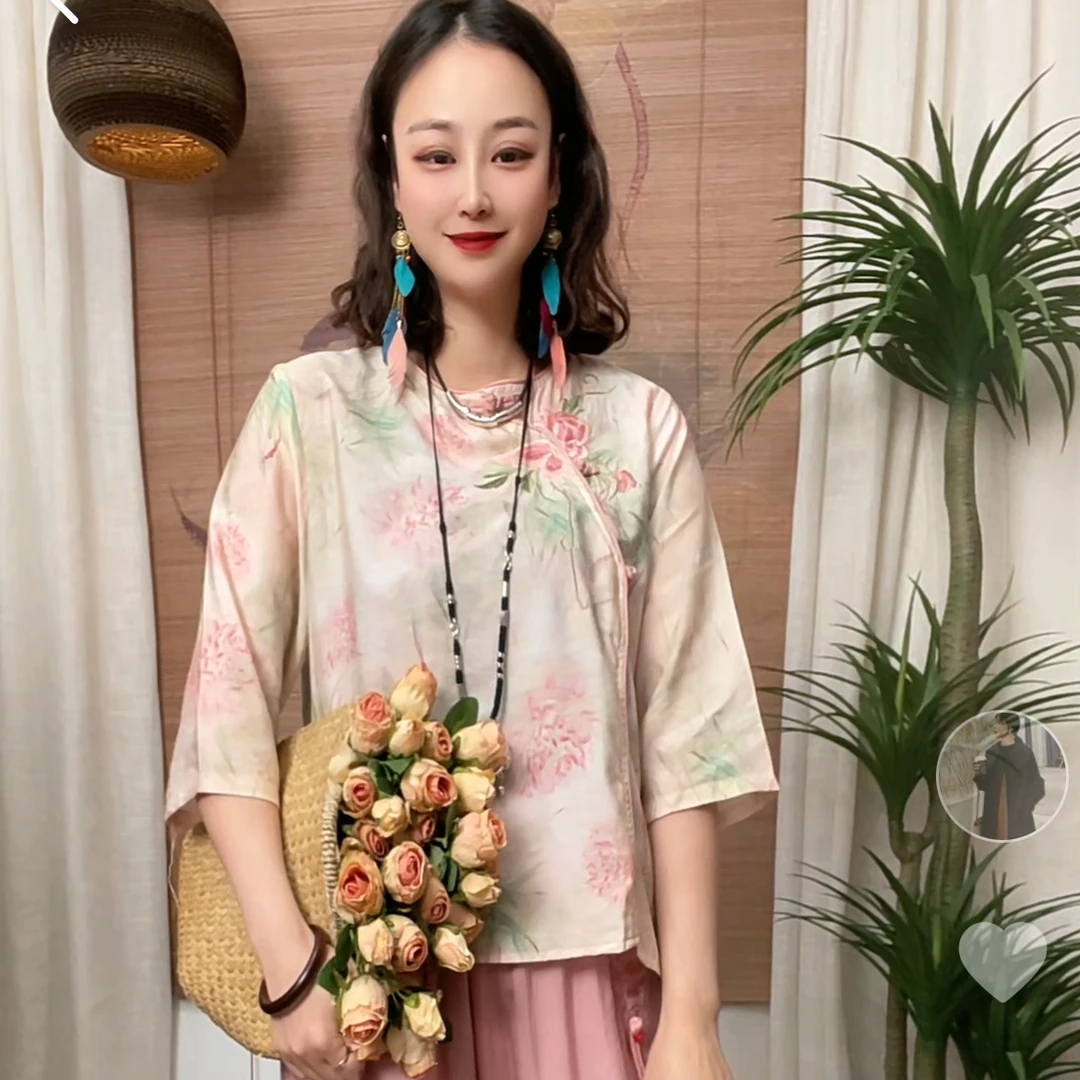 447-3高端蝴蝶刺绣显瘦拼接新中式百搭气质文艺风国风小衫