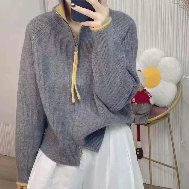 【专属】运费补贴~灰色拉链拼接打底立领毛衣针织衫开衫显瘦外套