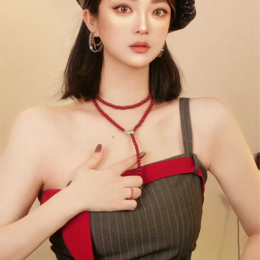 铜合金琉璃项链 05046大淇原创红珠子蛇头红色蛇水滴长款毛衣链