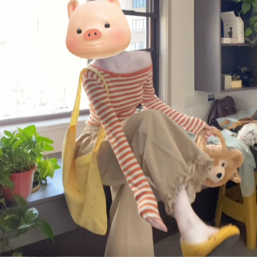 秋季新款韩系明媚轻职通勤风斜肩条纹长袖T恤卡其阔腿裤套装2025