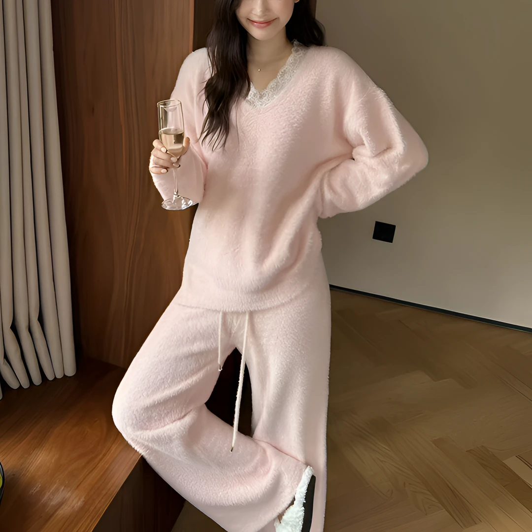 FENKE/粉客【多巴胺蕾丝】V领款睡衣女秋冬季加厚仿貂绒保暖家居服