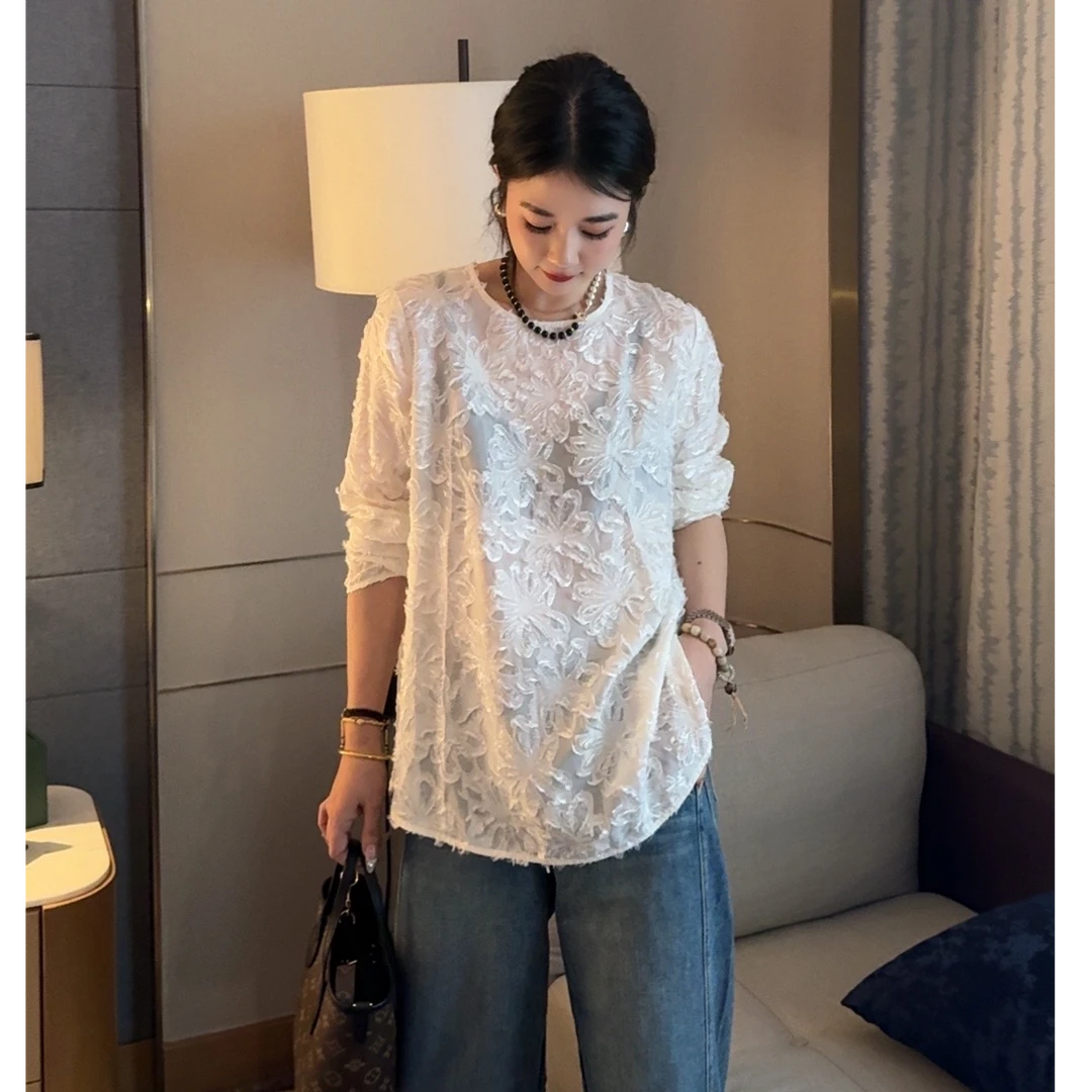 大胡子25年春装新款洋气百搭毛毛大版女人气质T恤87016