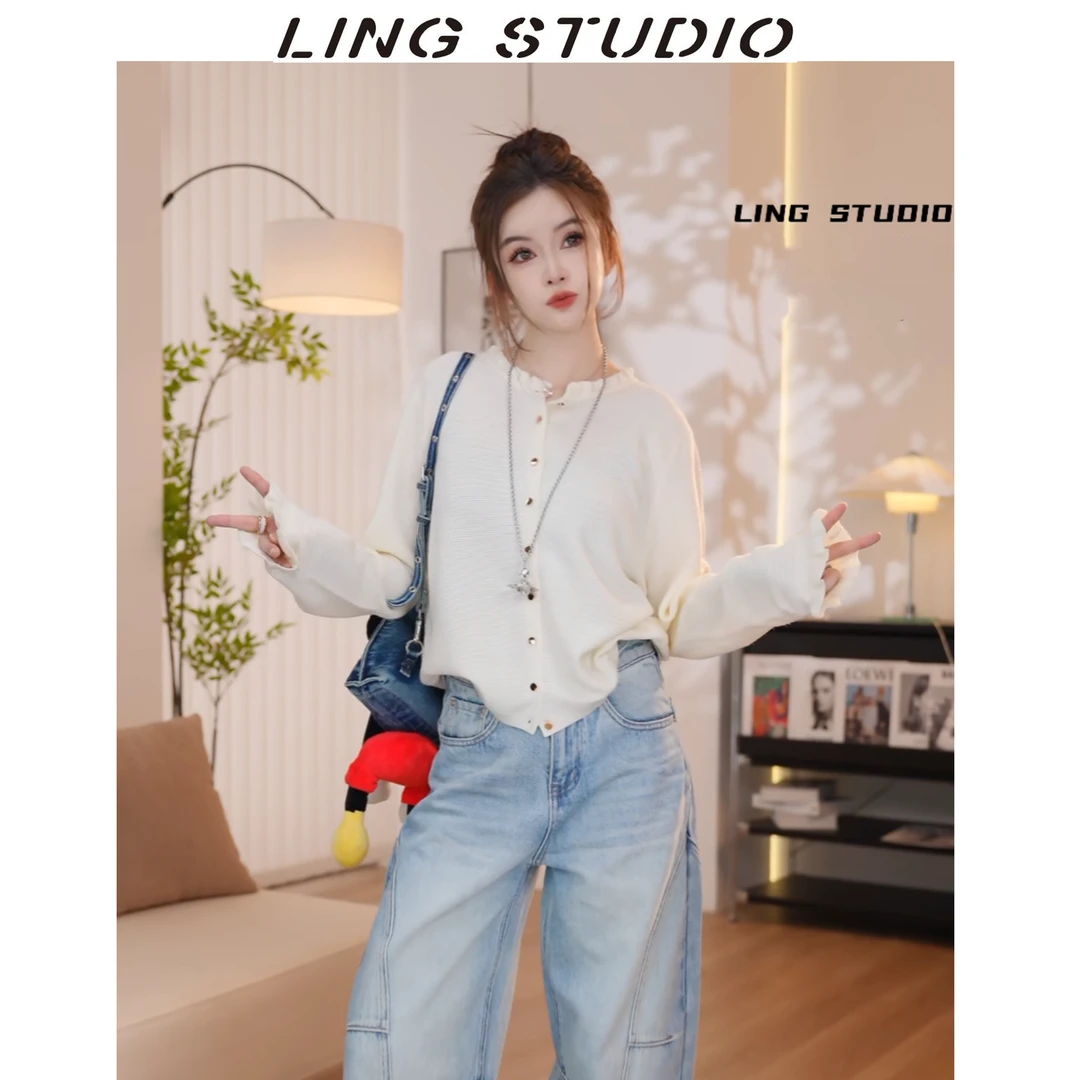 早春新品-零零『茉莉小香』2025小香风花边圆领针织开衫5021206