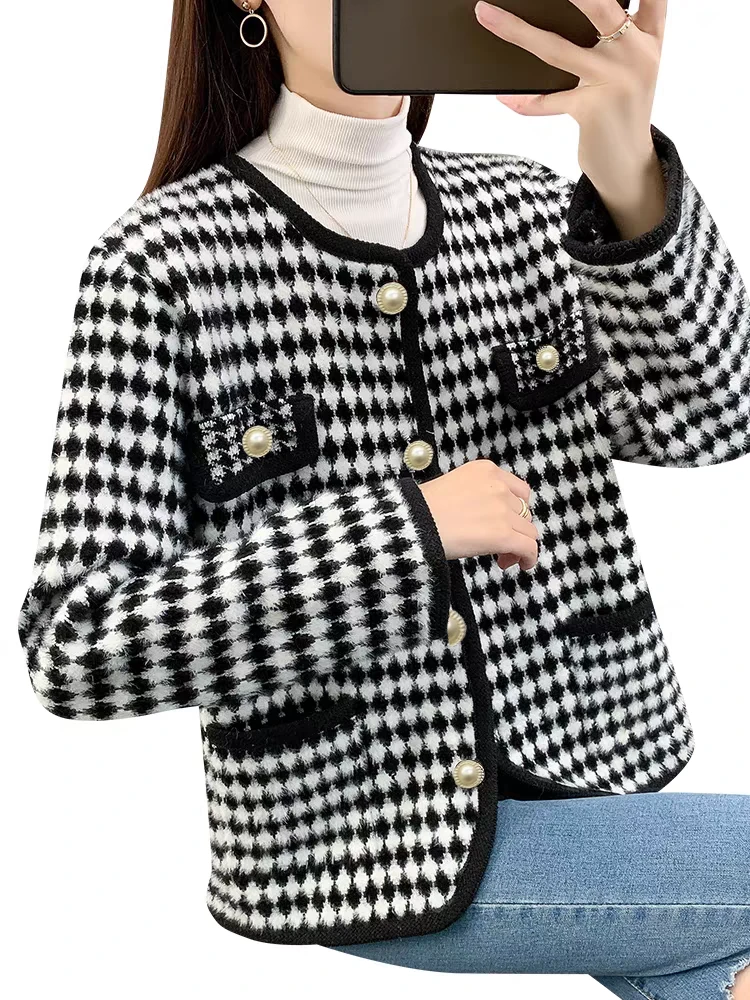 2181P-春秋百搭小香风仿水貂针织外套时尚宽松开衫气质菱形格LI