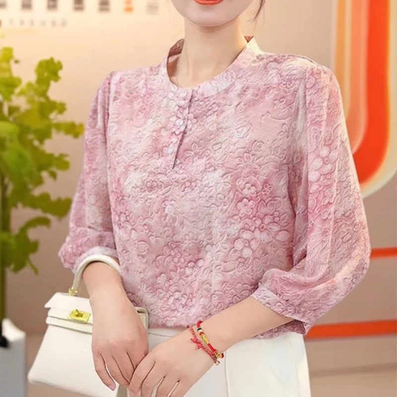 【洒银工艺】七分袖薄款冰丝衬衫2025夏季新款大码宽松显瘦防晒小衫