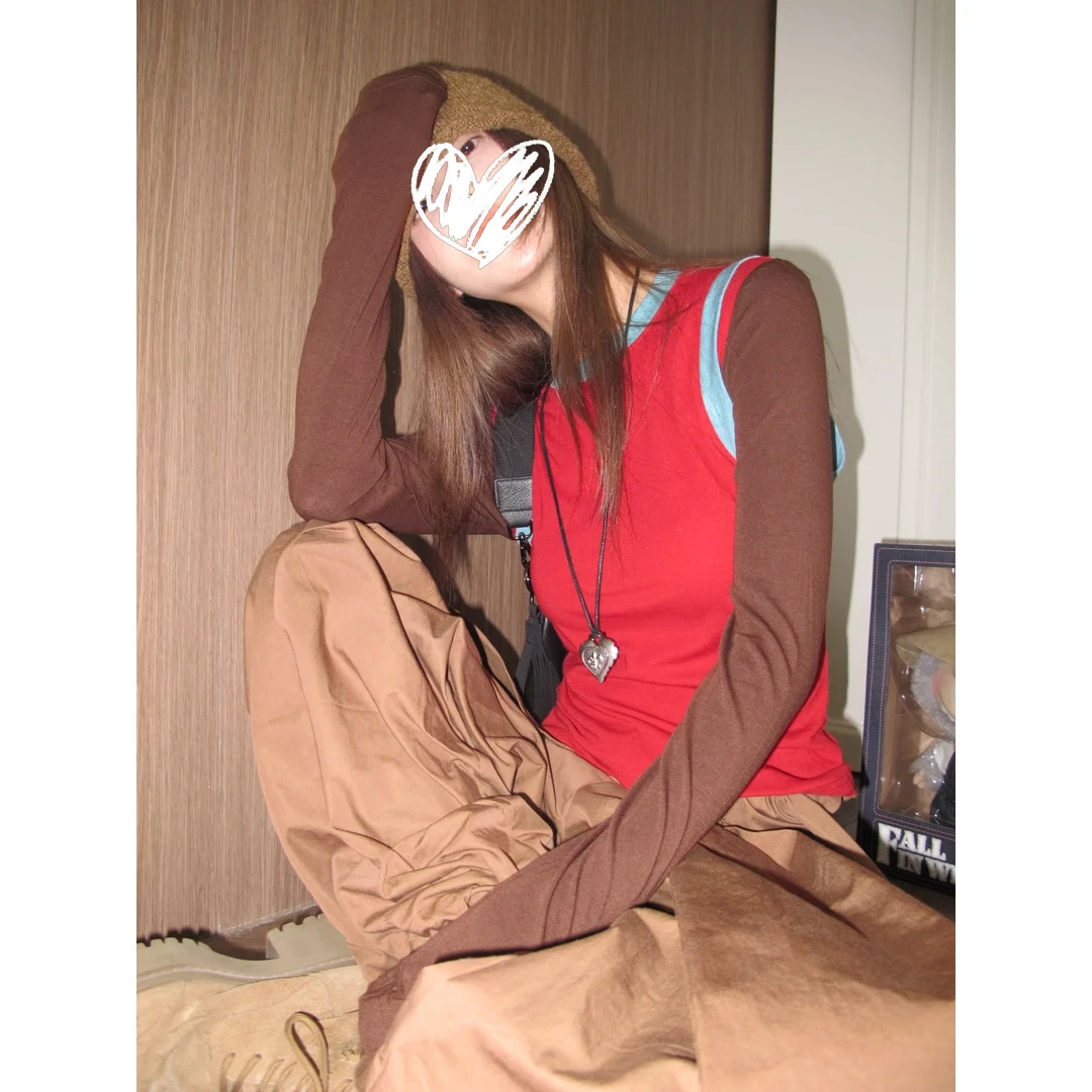 小众设计拼接假两件撞色撞色假两件长袖t恤