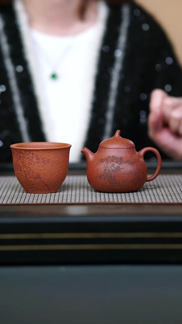 茶壶紫砂半手红降坡听松茄瓜150cc+五彩降听松铃铛杯