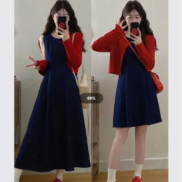 大码女装胖mm遮肚子加大新款牛仔背心收腰显瘦裙+长袖裙子披肩MM