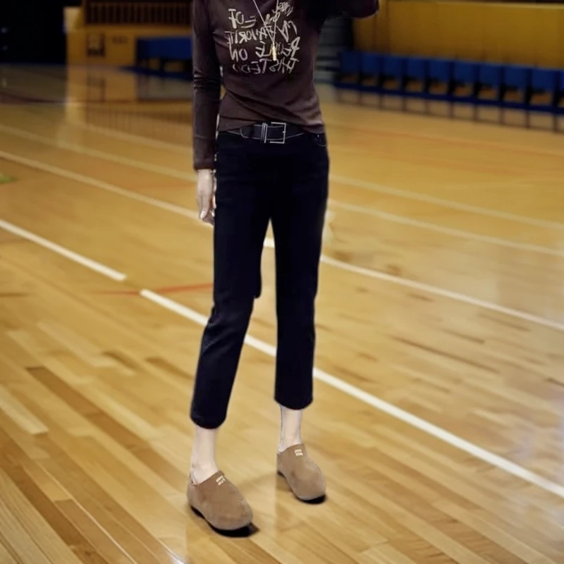 黑色九分烟管牛仔裤女秋冬加绒加厚高腰弹力显瘦小个子八分直筒裤