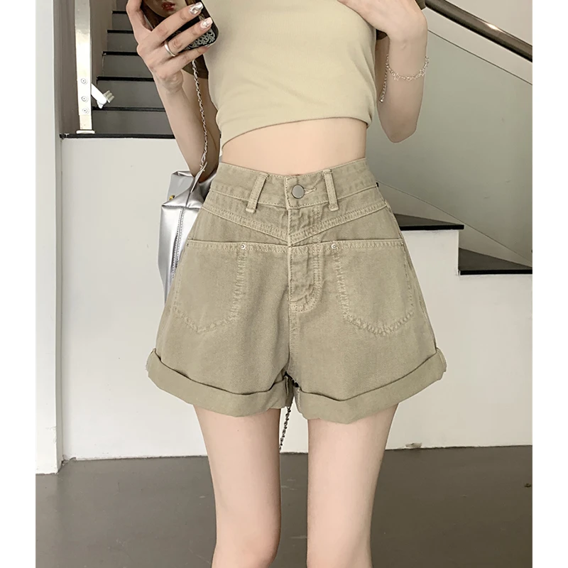 卷边牛仔a字短裤女夏季新款高腰显瘦梨形身材宽松阔腿裤KX88583