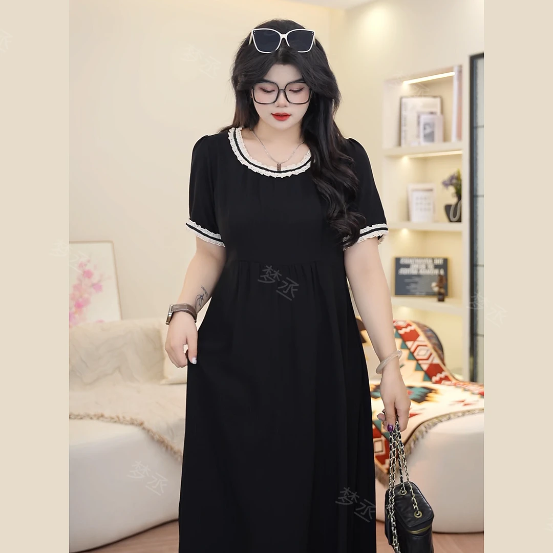 梦丞-设计感夏季大码女装蕾丝花边气质优雅显瘦遮肉短袖连衣裙