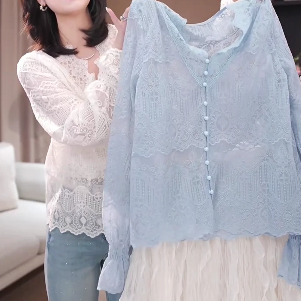 【梦回绮罗】新款高级设计感气质显瘦时尚百搭V领蕾丝长袖衬衫女