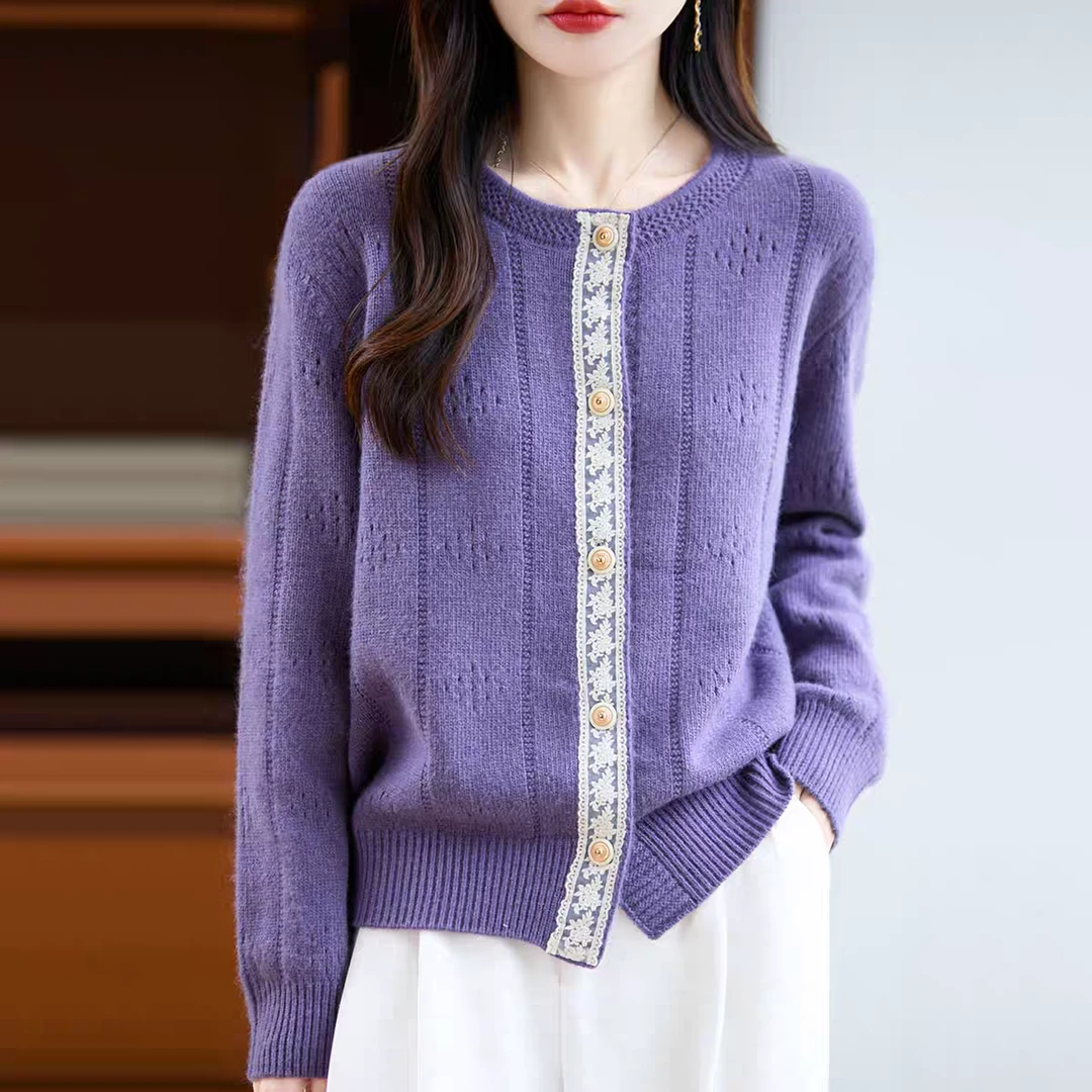 正品羊毛衫秋冬新款蕾丝花边圆领针织开衫外套女显瘦减龄毛衣外搭