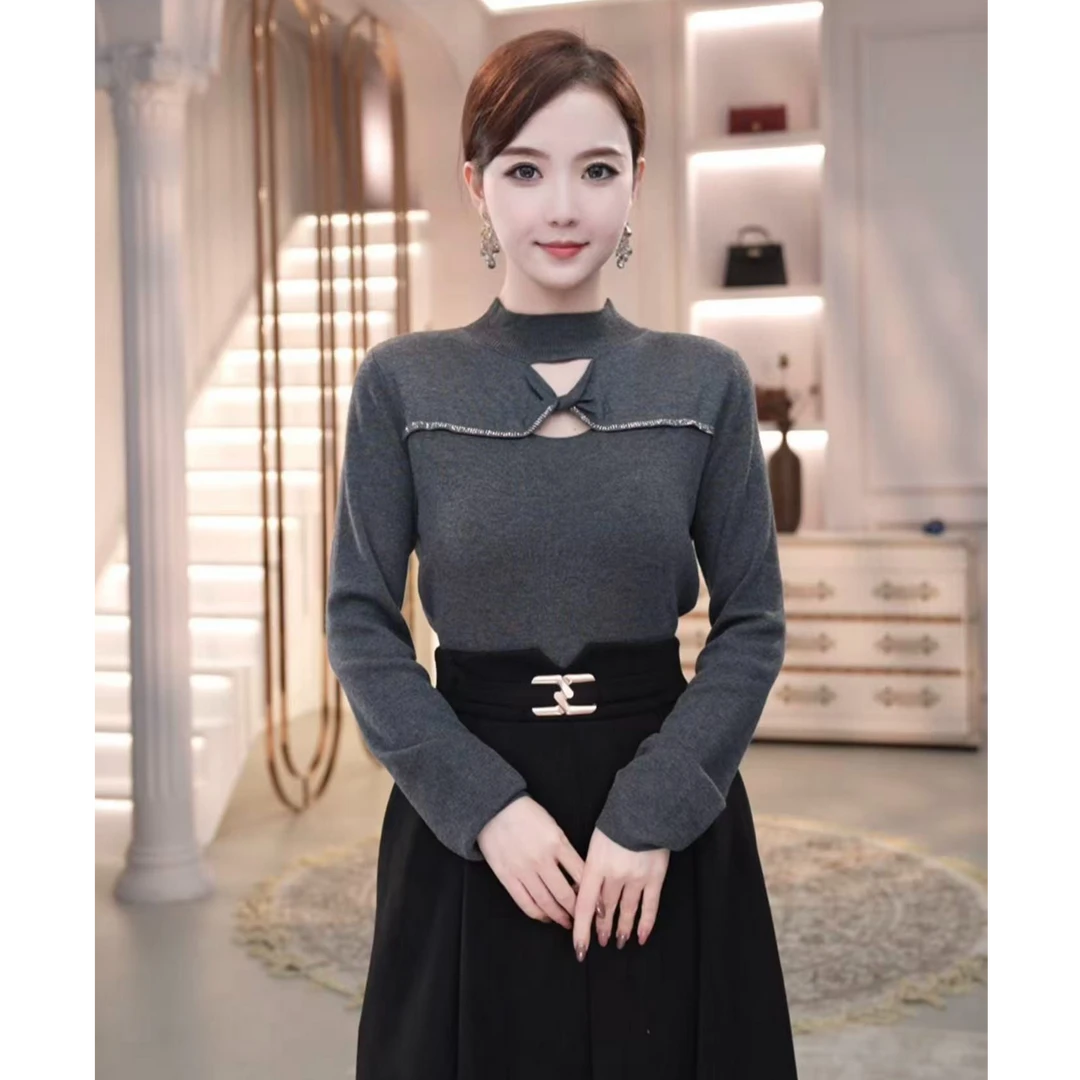 2025秋冬季新款女装【JR-19】含绵羊毛烫钻爆款针织衫灰色内搭毛衣