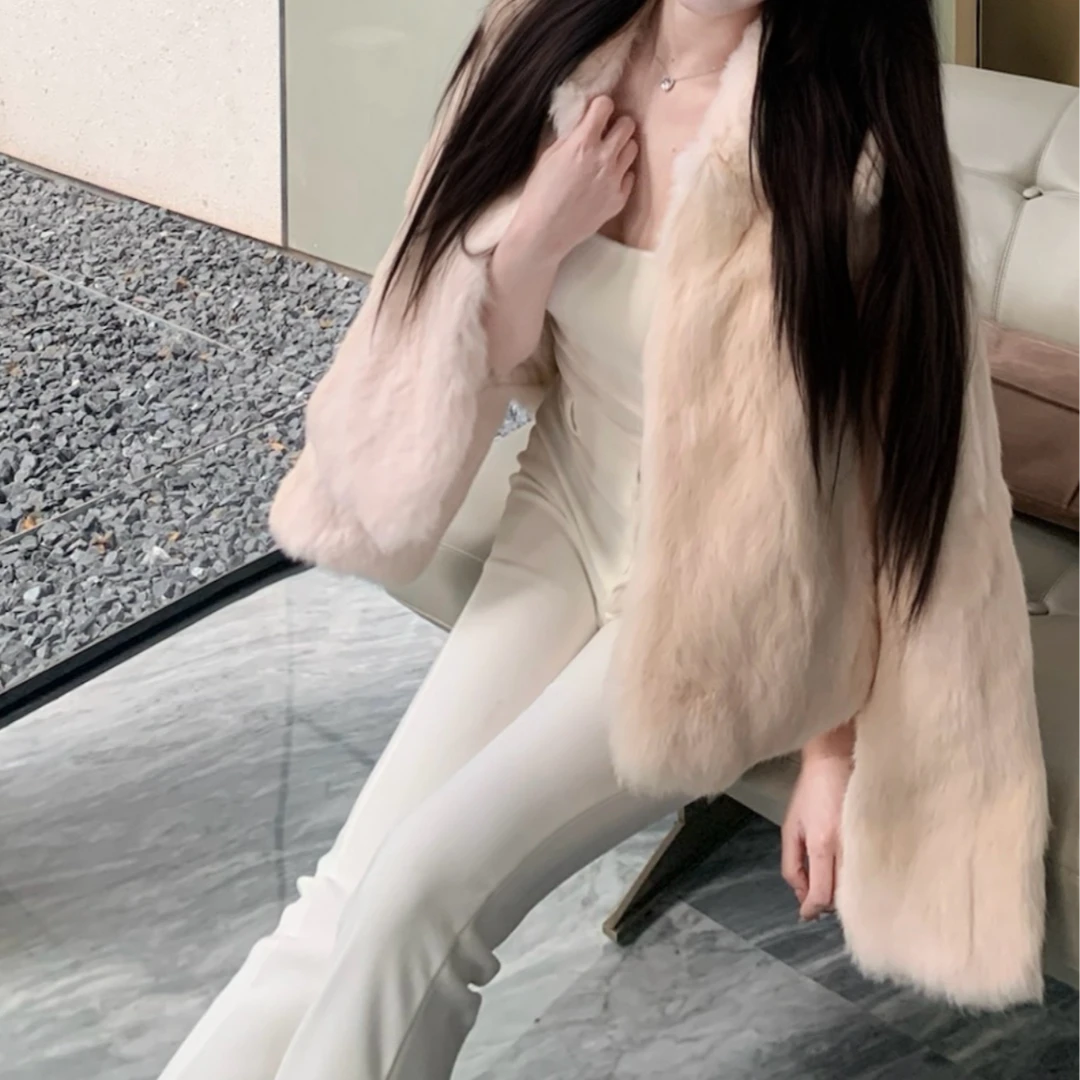 【莉萍服饰】粉色美丽法则兔毛皮草毛草草毛绒绒翻领外套