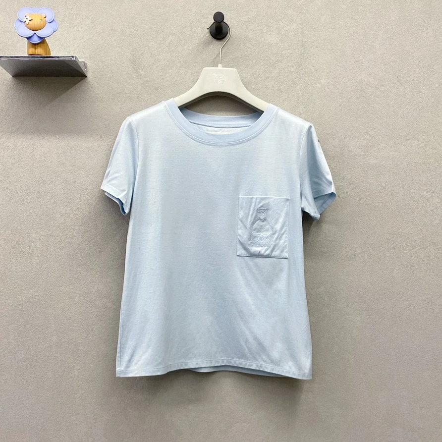 99新 Hermes/爱马仕 浅蓝色刺绣口袋圆领短袖/尺码36/000