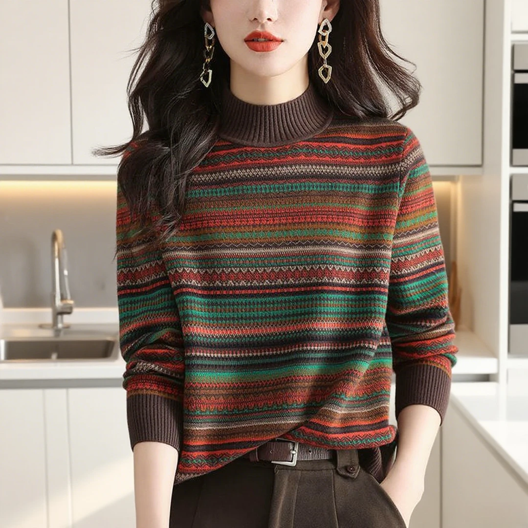 专柜同款秋冬大码女羊毛衫洋气妈妈宽松遮肚半高领针织打底毛衣