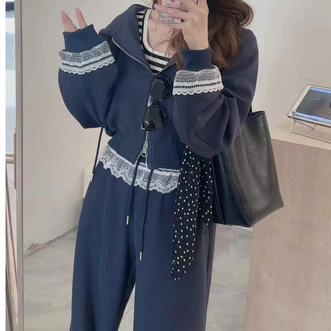 ouran 春季连帽休闲蕾丝拼接运动套装长袖（两件套）