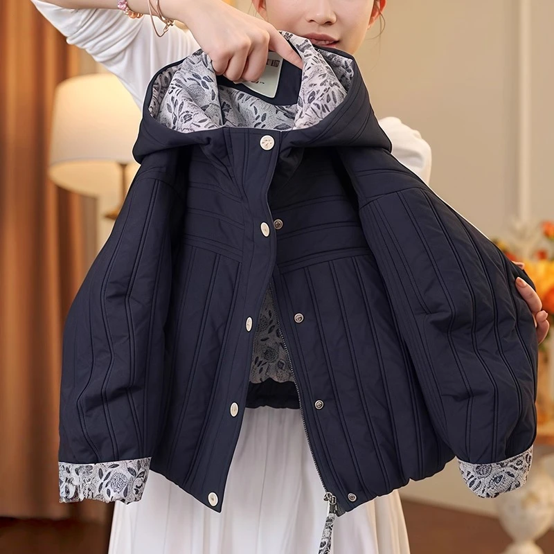 女童二棉绗棉外套2025新款秋冬夹棉加厚连帽碎花拼色棉服保暖深秋