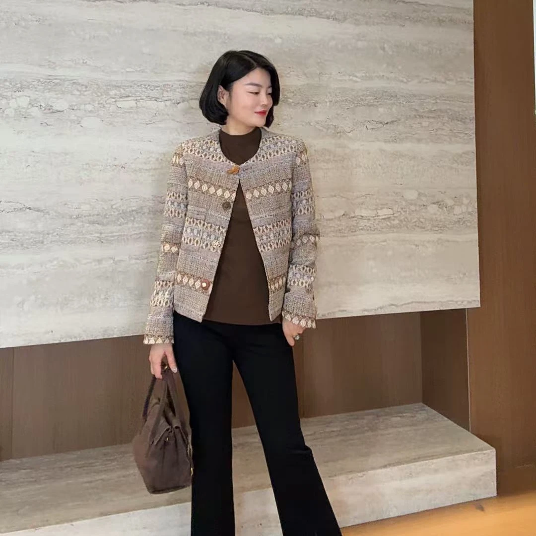 TANTAN 复古时尚圆领长袖秋季夹克短款外套3173