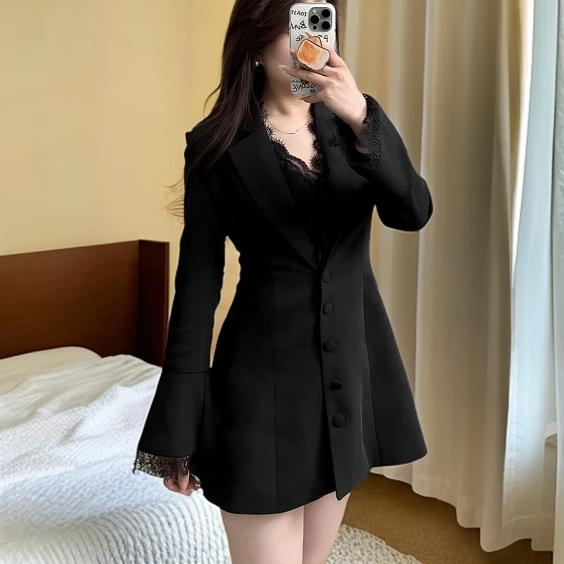 翻领长袖蕾丝双排扣通勤西装设计感收腰显瘦气质小众法式时尚