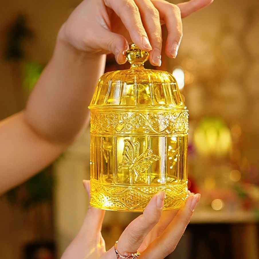 金色玻璃鸟笼造型容器精致雕花玻璃摆件