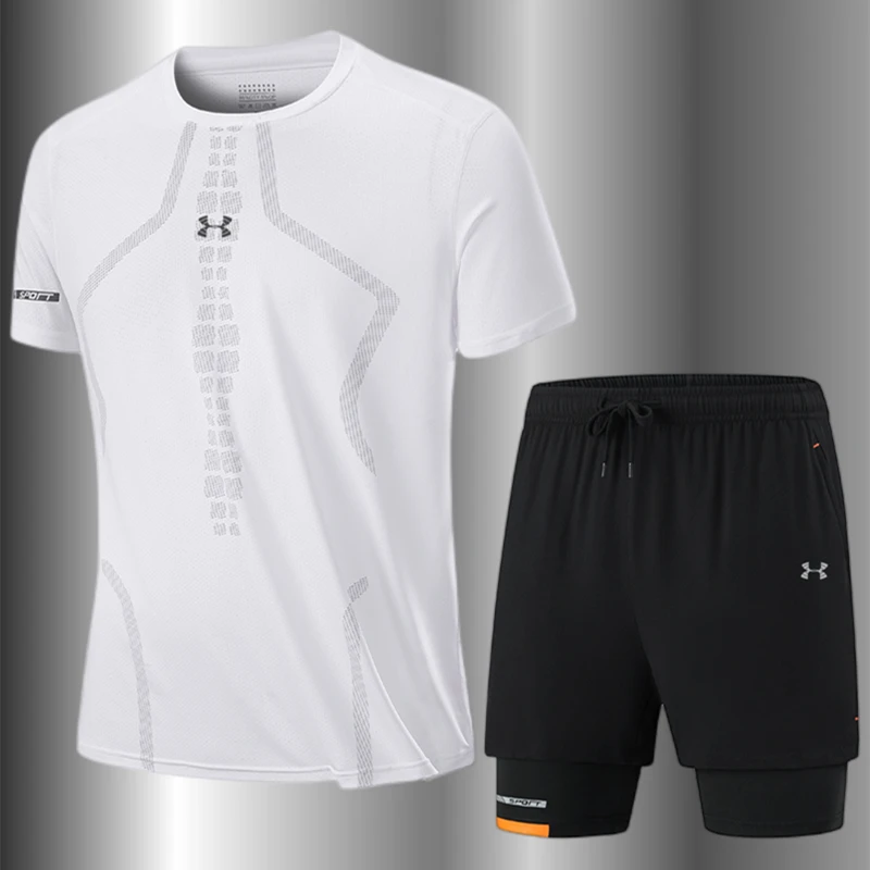 UA安德马冰丝T恤男士短袖运动套装休闲乒乓夏季透气运动跑步短袖