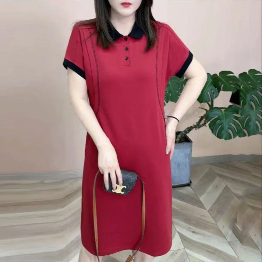 女士夏季翻领短袖款连衣裙休闲T恤裙气质修身撞色纽扣polo领裙子