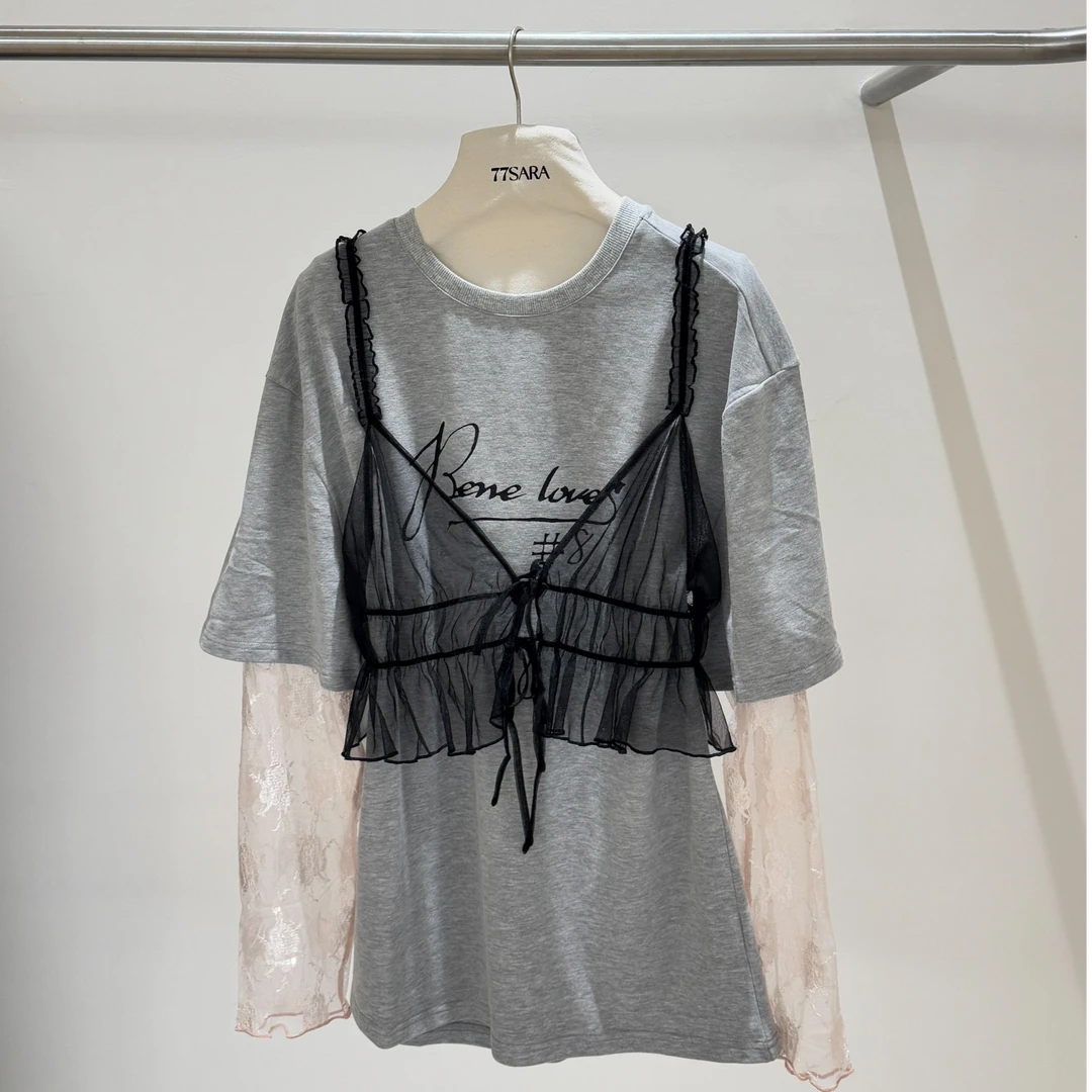 可换No退 韩系蕾丝拼接字母T恤