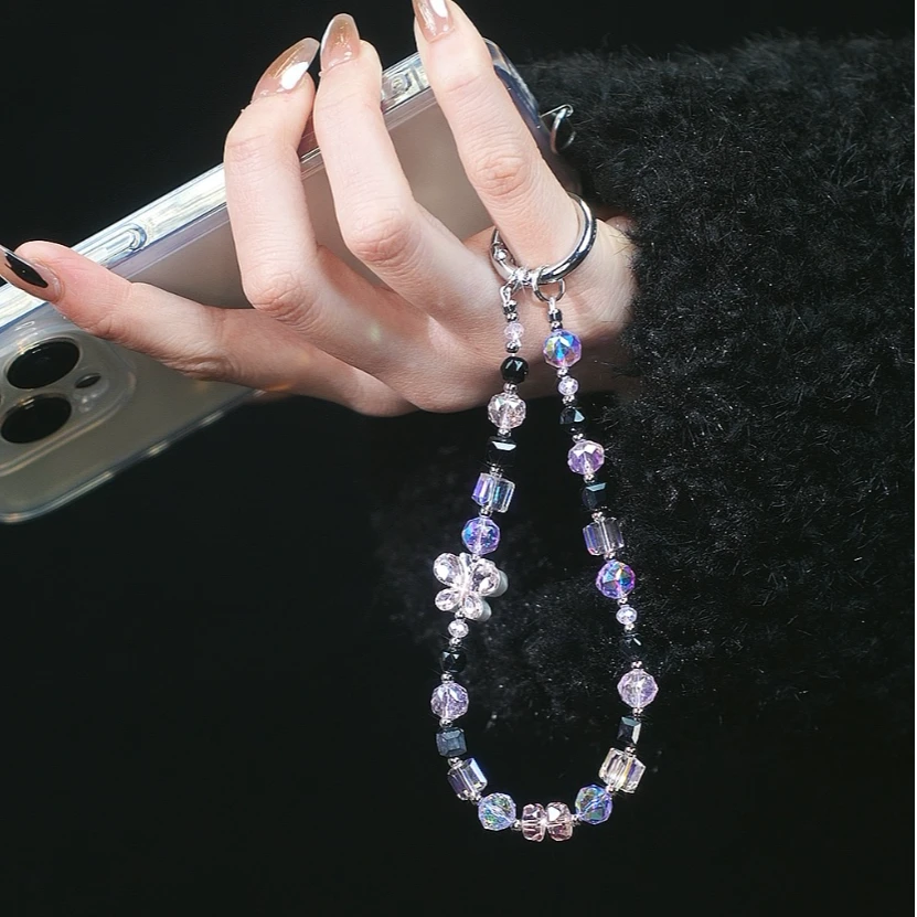 D015【粉彩蝴蝶】手机链挂饰奢华高级感水晶珠子手链条挂绳带夹