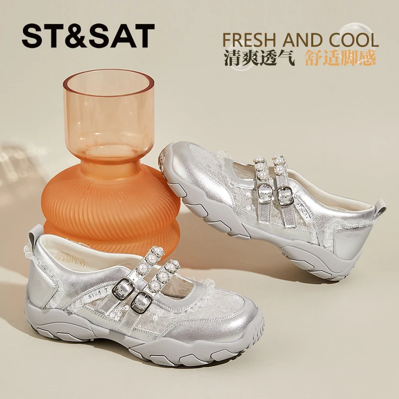 星期六真皮欧根纱木耳边单鞋女2025秋新款时尚水钻网面透气休闲鞋