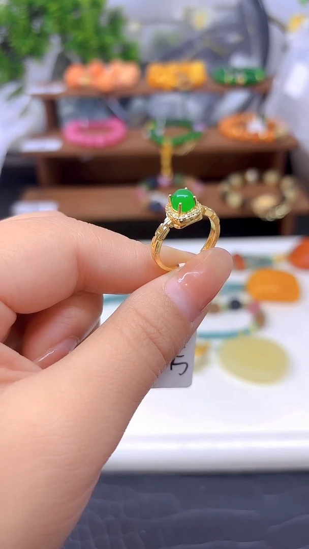 银S925镀金镶嵌戒指翡翠J114