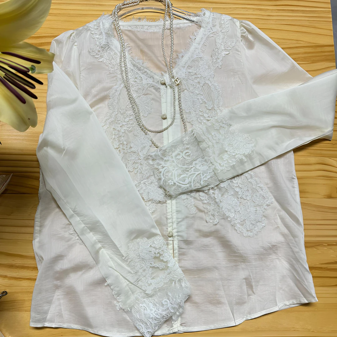 弯圆·蕾丝新中式立体花瓣衬衫长袖女士甜美